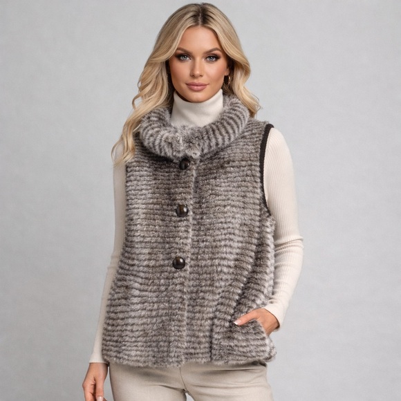 Sweaters - Real Mink Fur Women's Striped Gray Vest